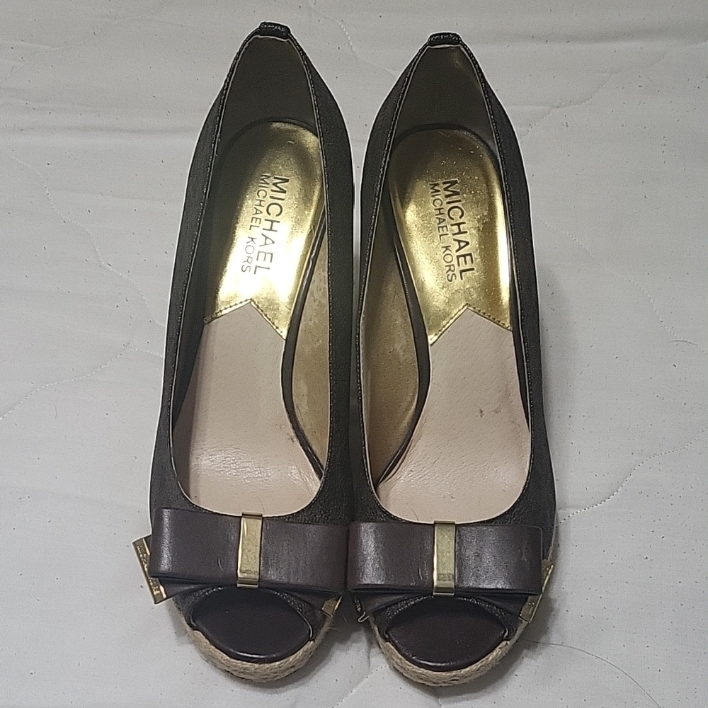 MICHAEL Michael Kors Brown Wedge Peep-Toe Bow Espadrilles with Gold Accents